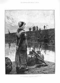 Original Old Antique Print 1881 Young Woman Waiting Ferry Boat Farmers Fine Art