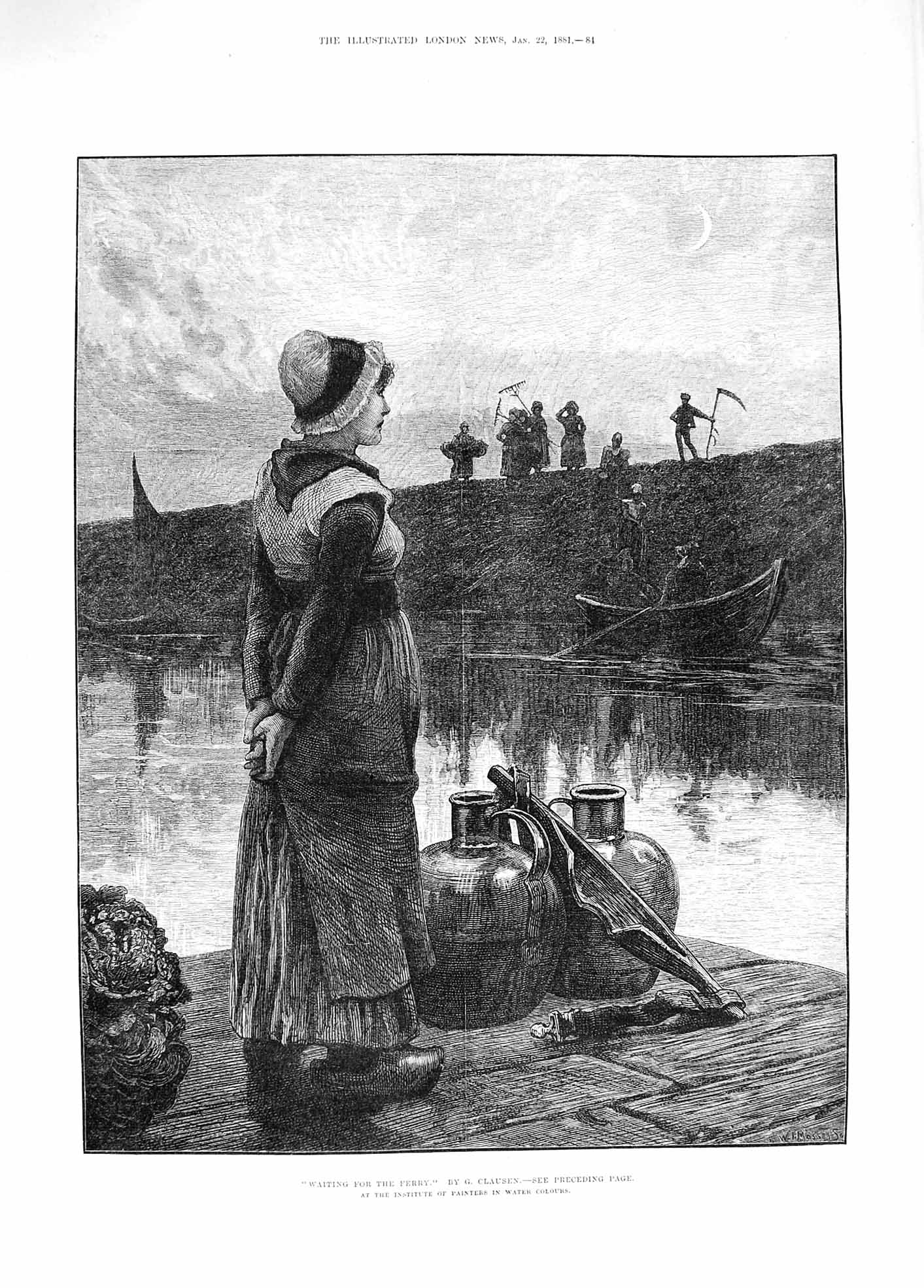 Original Old Antique Print 1881 Young Woman Waiting Ferry Boat Farmers Fine Art