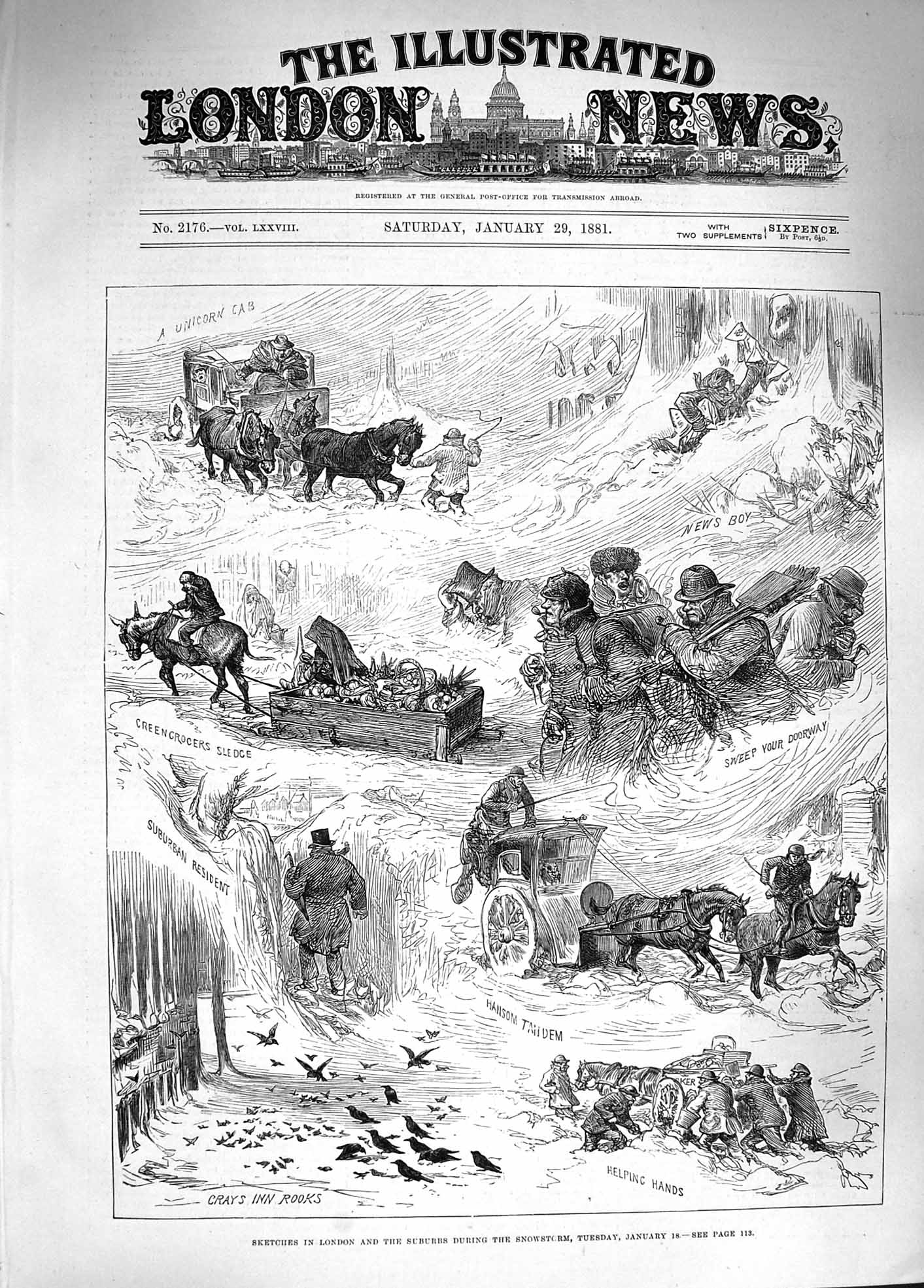 Original Old Antique Print 1881 London Snowstorm Serpentine Horses Mail Coach