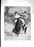 Original Old Antique Print 1881 Special Train Ice Skating Lady Men Romance 19th