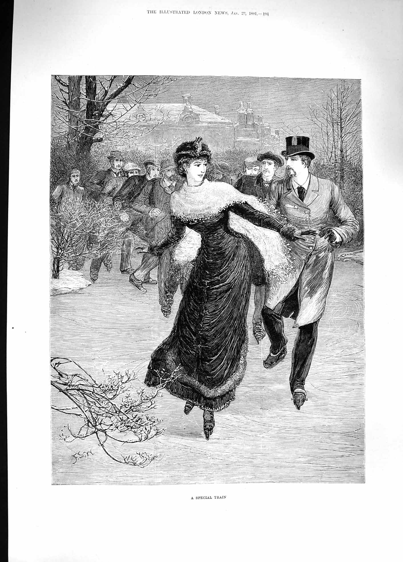 Original Old Antique Print 1881 Special Train Ice Skating Lady Men Romance 19th