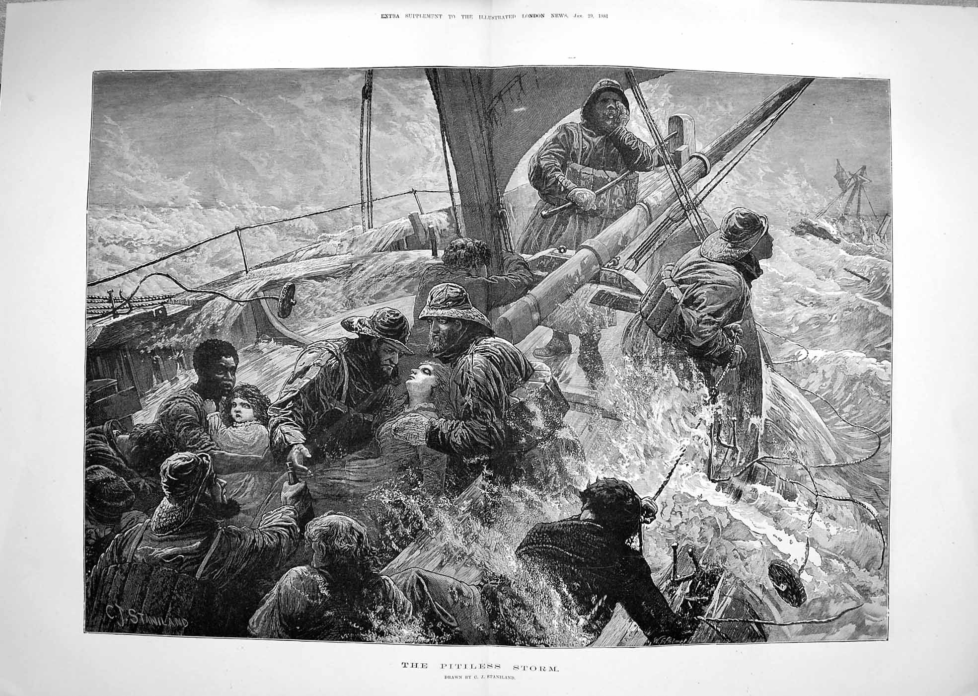 Original Old Antique Print 1881 Pitilesss Storm Ship Wreck Sea Staniland F 19th