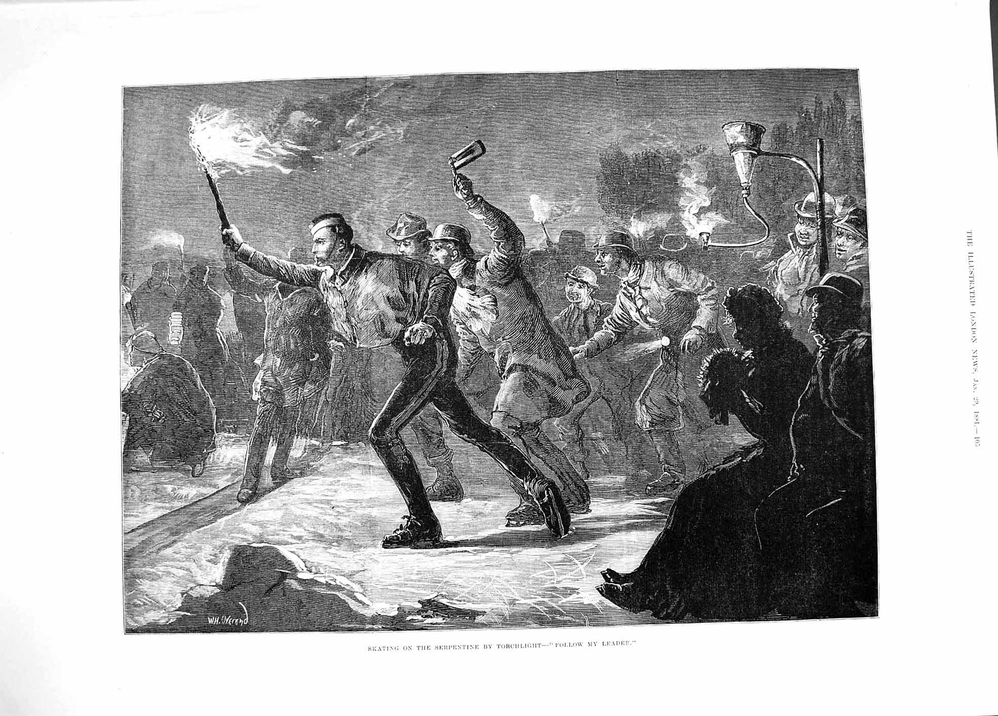 Original Old Antique Print 1881 Ice Skating Serpentine Torchlight Fine Art 19th