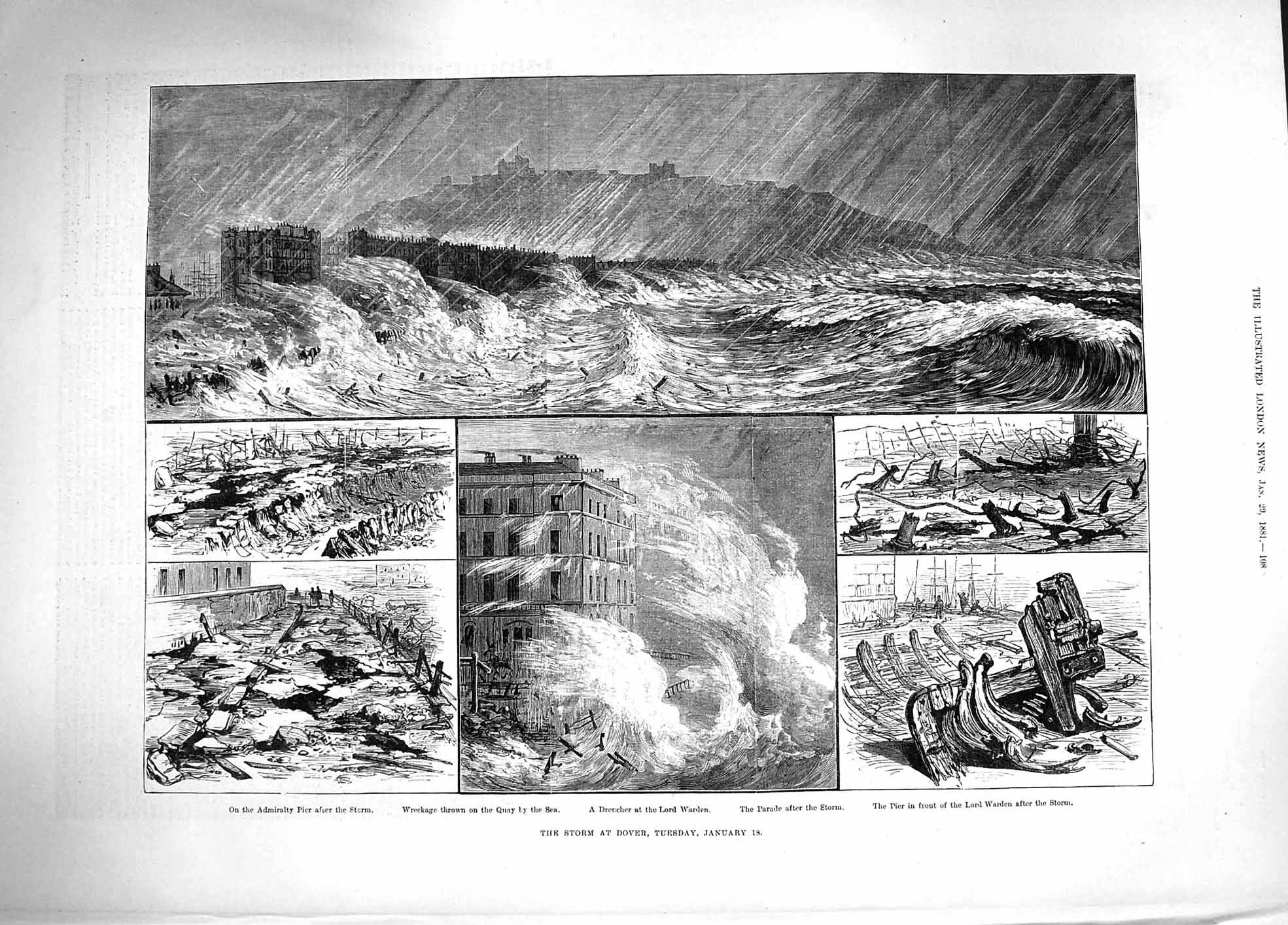 Original Old Antique Print 1881 Storm Dover Admiralty Pier Lord Warden Parade