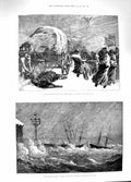 Original Old Antique Print 1881 Storm Ryde Railway Pier Ships Snowstorm Fleet
