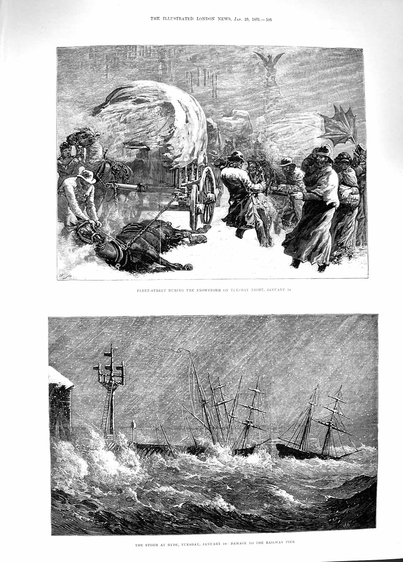 Original Old Antique Print 1881 Storm Ryde Railway Pier Ships Snowstorm Fleet