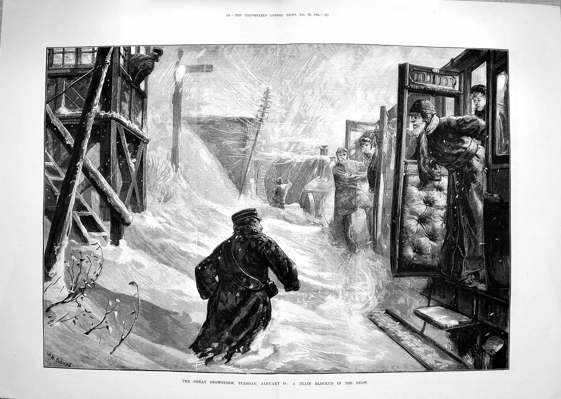Original Old Antique Print 1881 Snowstorm Train Blocked Limehouse Southe 19th