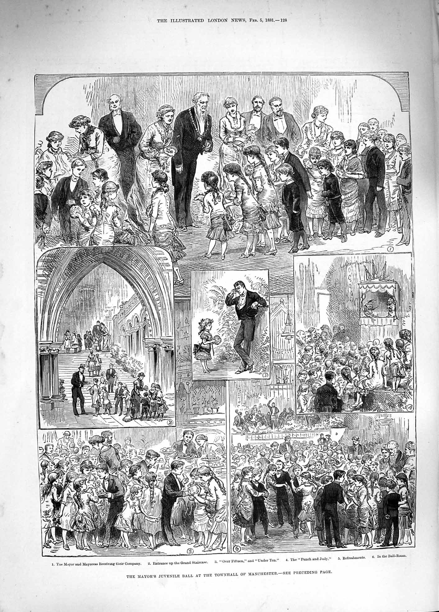 Old Antique Print 1881 Mayor'S Juvenille Ball Townhall Manchester Punch 19th