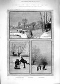 Old Antique Print 1881 Frozen River Thames Twickenham Teddington Sledge 19th