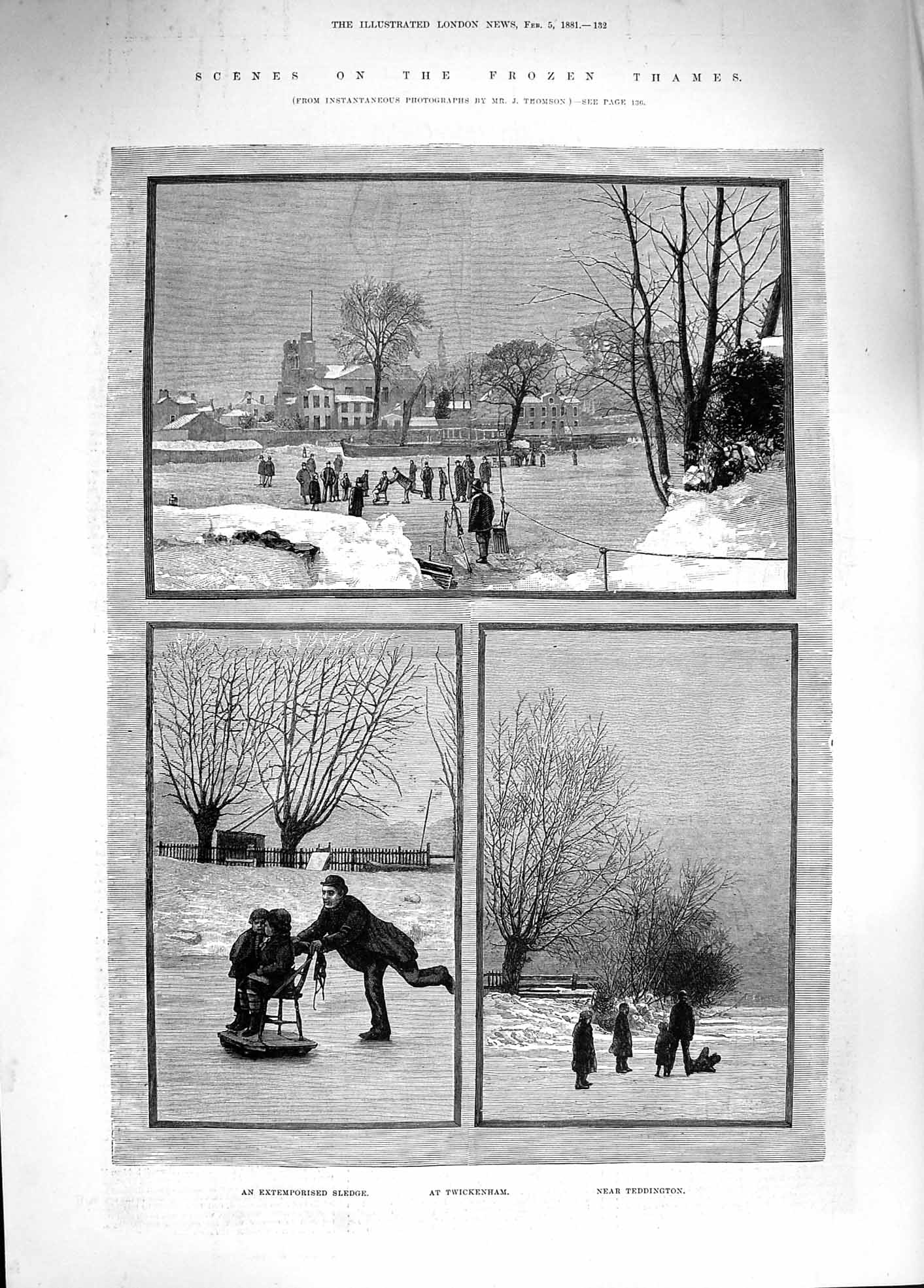 Old Antique Print 1881 Frozen River Thames Twickenham Teddington Sledge 19th