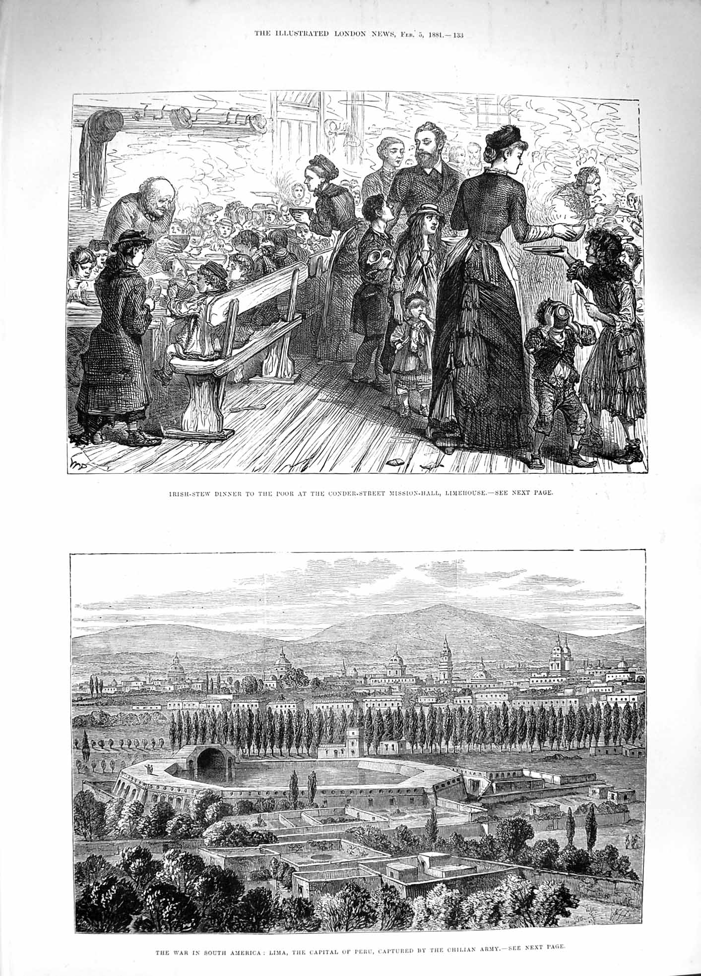 Old Antique Print 1881 War America Lima Peru Irish-Stew Dinner Limehouse 19th