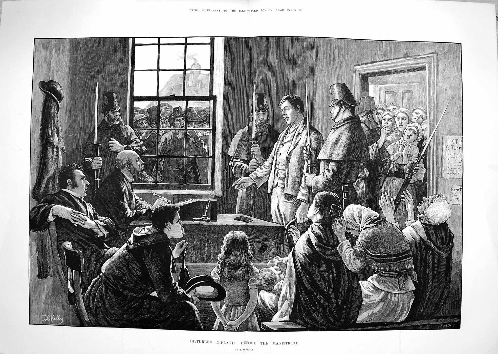 Old Antique Print 1881 Disturbed Ireland Man Before The Magistrate Court 19th