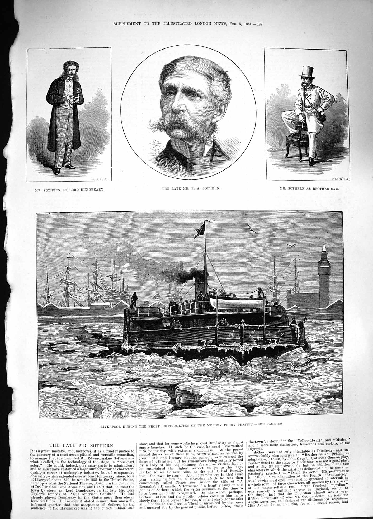 Old Antique Print 1881 Liverpool Mersey Ferry Ice Sothern Lord Dundreary 19th