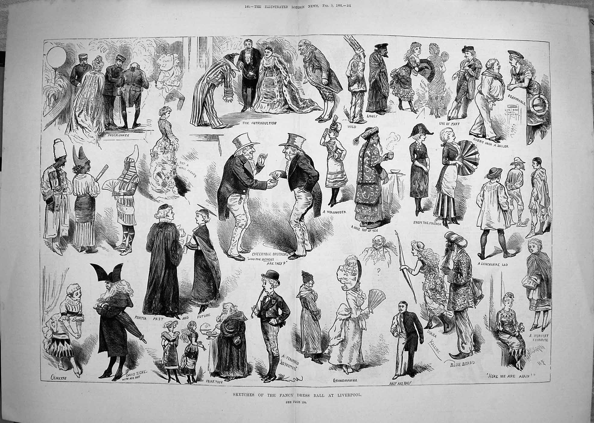 Original Old Antique Print 1881 Fancy Dress Ball Liverpool Costumes Blue Beard
