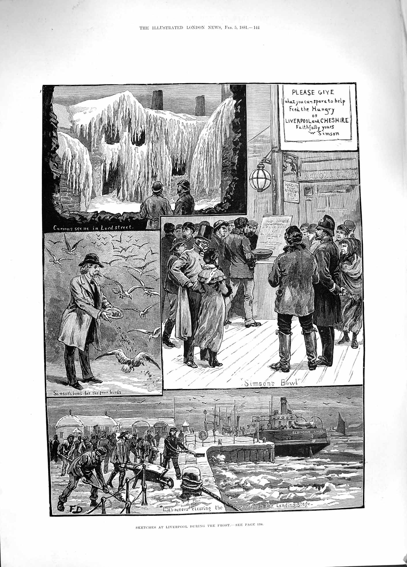 Old Antique Print 1881 Liverpool Docks Frost Winter Lord Street Simson'S 19th