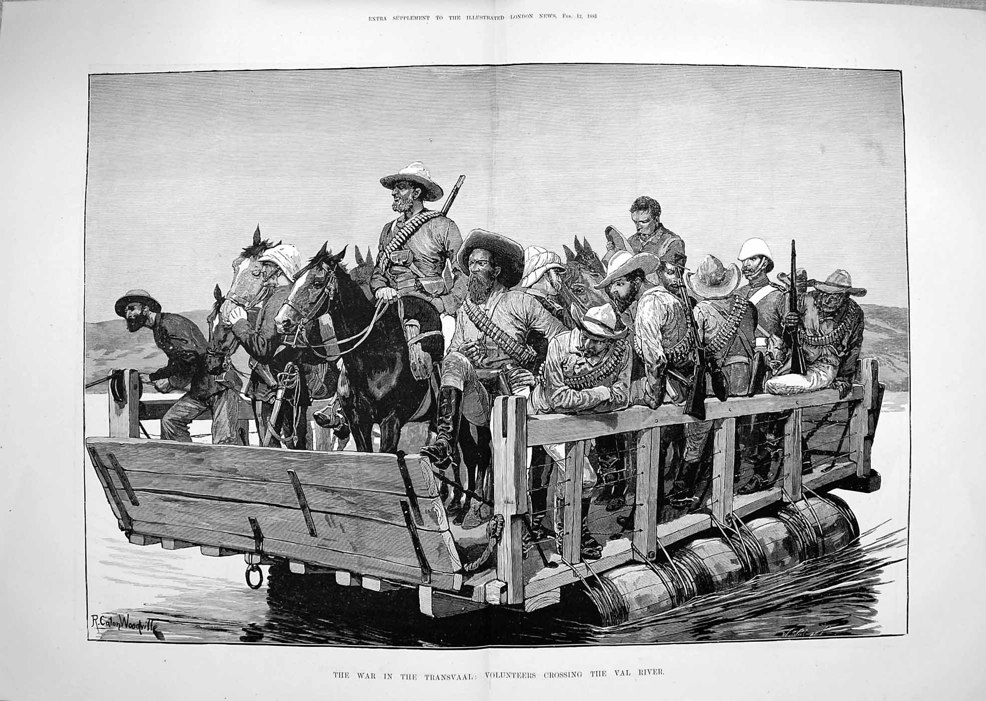 Old Antique Print 1881 War Transvaal Volunteer Sier Crossing River Val 19th