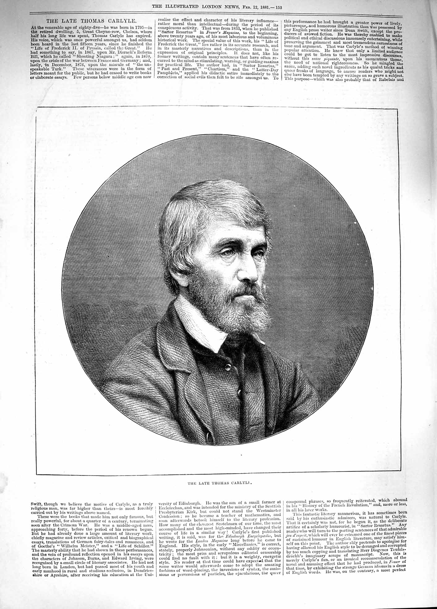 Original Old Antique Print 1881 Portrait Thomas Carlyle Man 19th