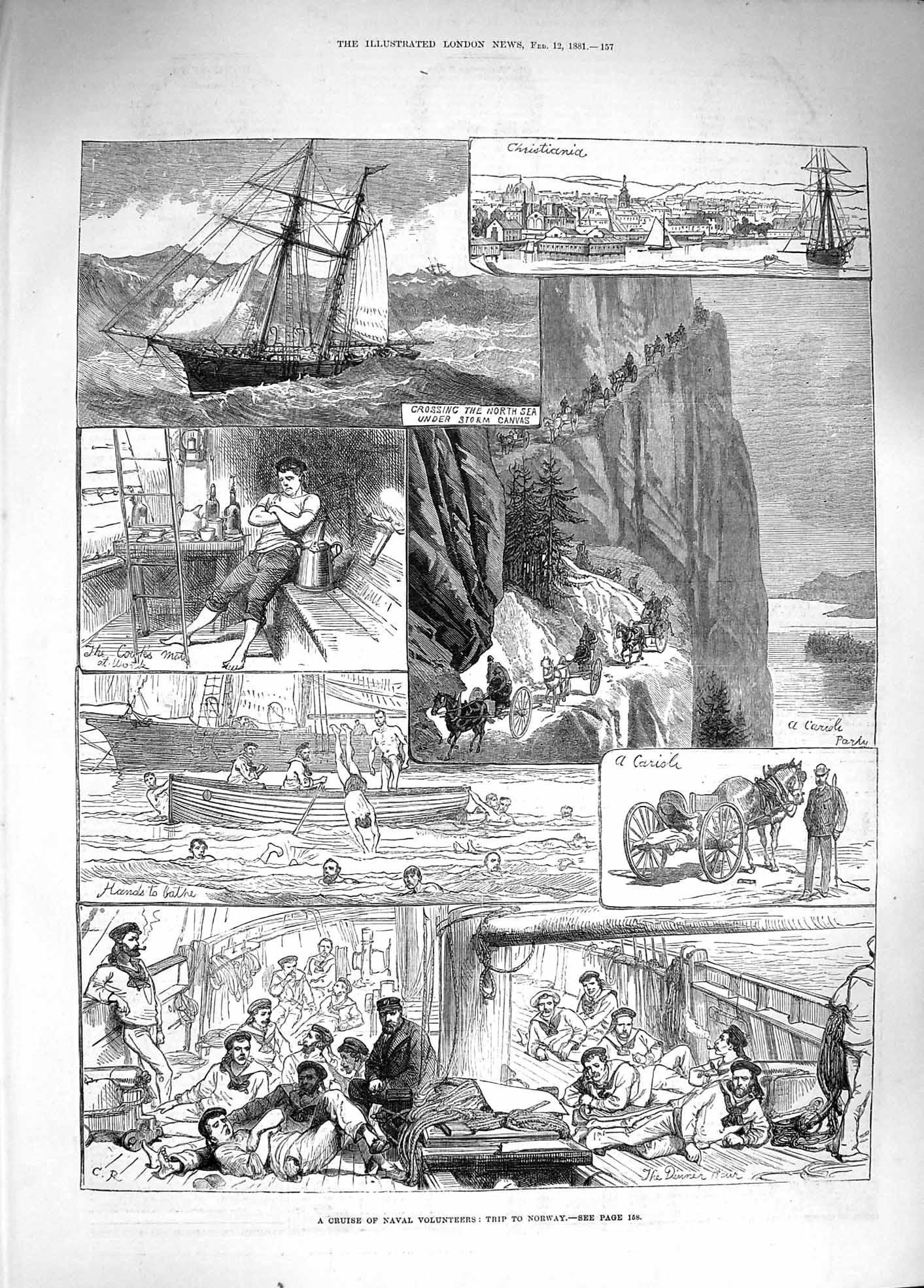 Old Antique Print 1881 Cruise Naval Volunteers Ship Trip Norway Sailors 19th