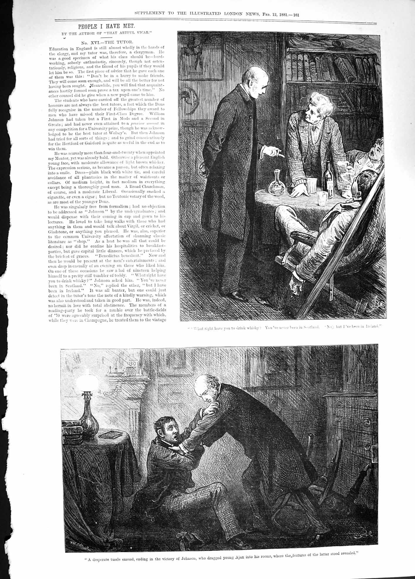 Old Antique Print 1881 Men Fighting Johnson Ajax Tutor Story People Met 19th