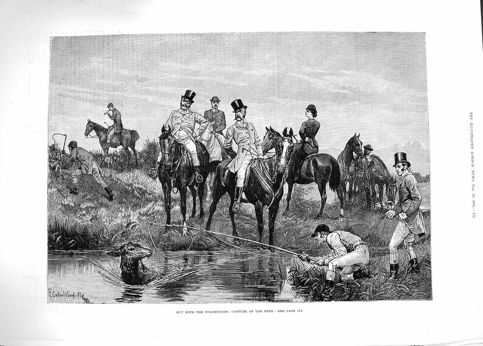 Original Old Antique Print 1881 Staghounds Hunting Hounds Capture Deer River