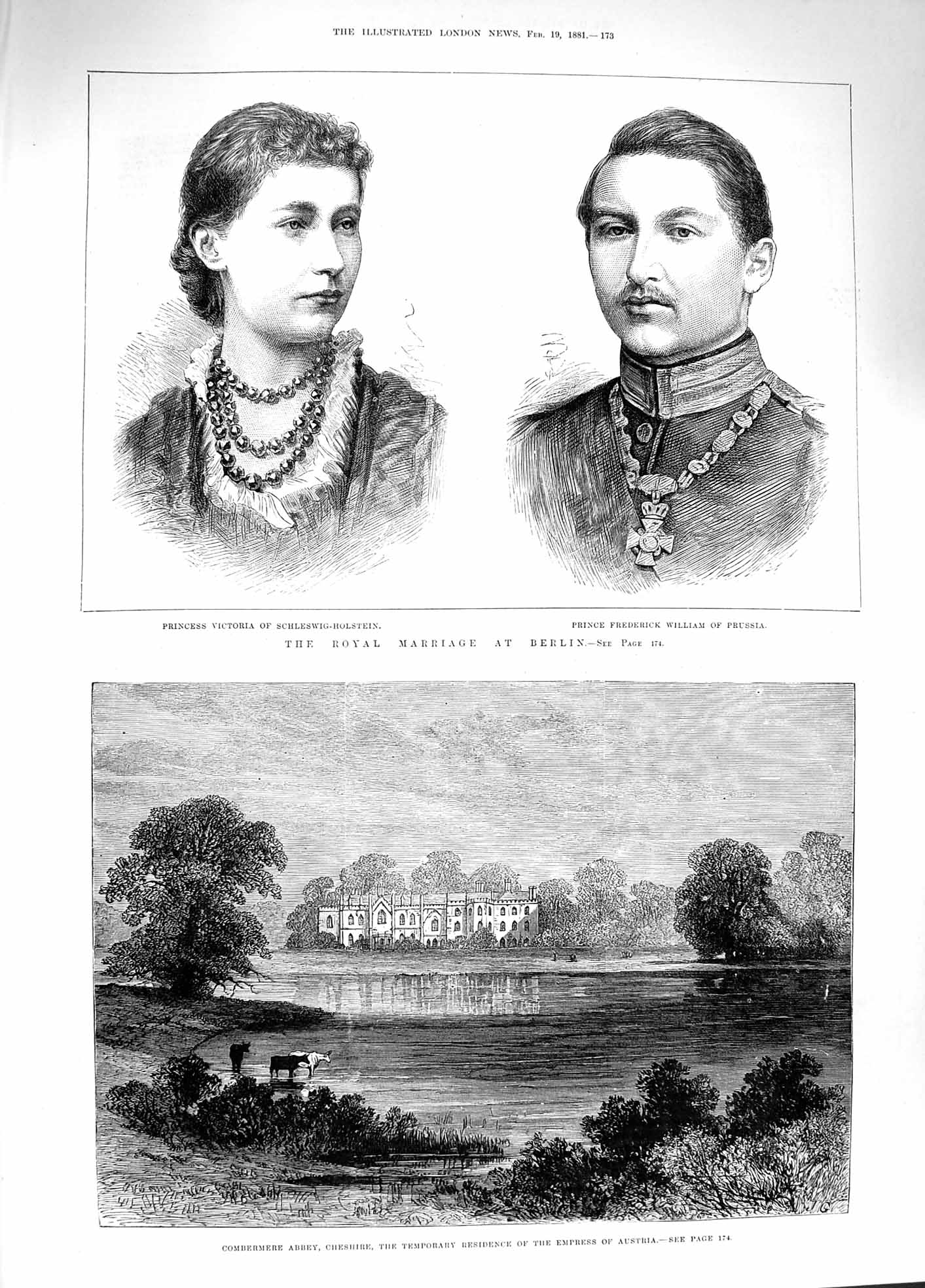 Old Antique Print 1881 Combermere Abbey Wedding Berlin Victoria William 19th