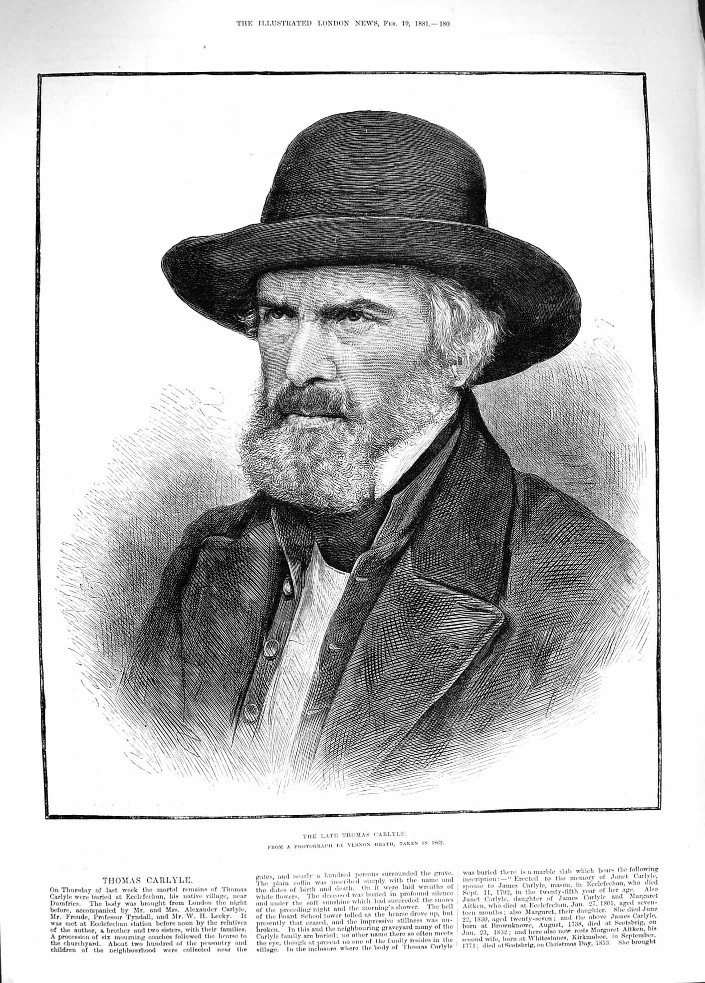Original Old Antique Print 1881 Portrait Thomas Carlyle Ecclefechan Dumfries