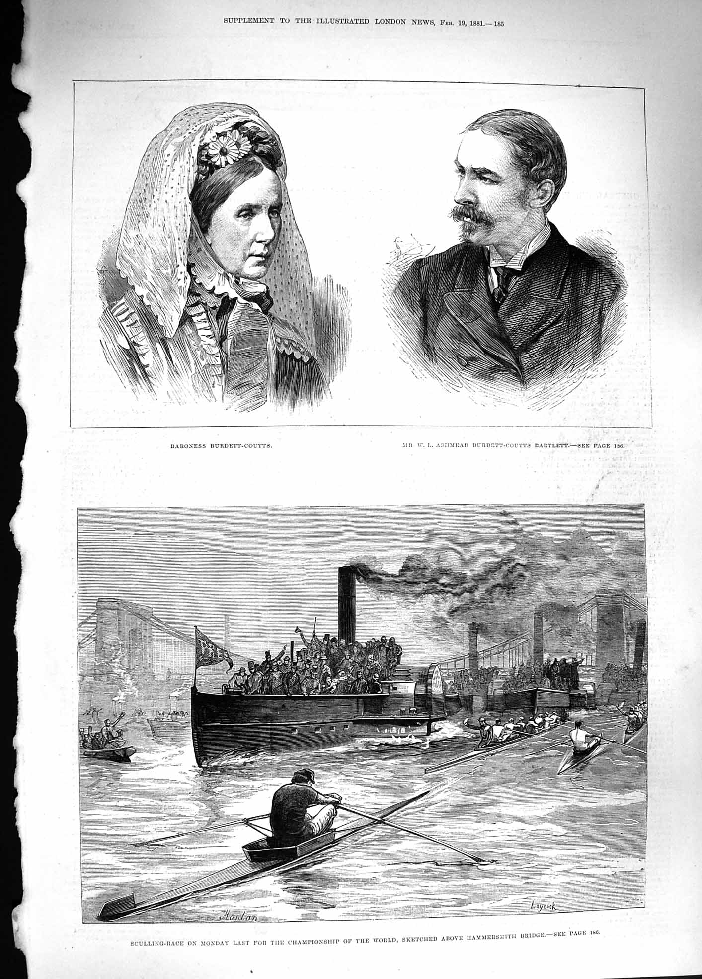 Original Old Antique Print 1881 Burdett-Coutts Bartlett Sculling Race Hamm 19th