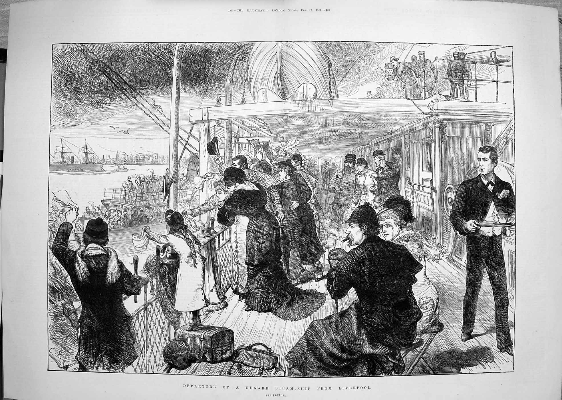 Original Old Antique Print 1881 Departure Cunard Steam Ship Liverpool Pas 19th
