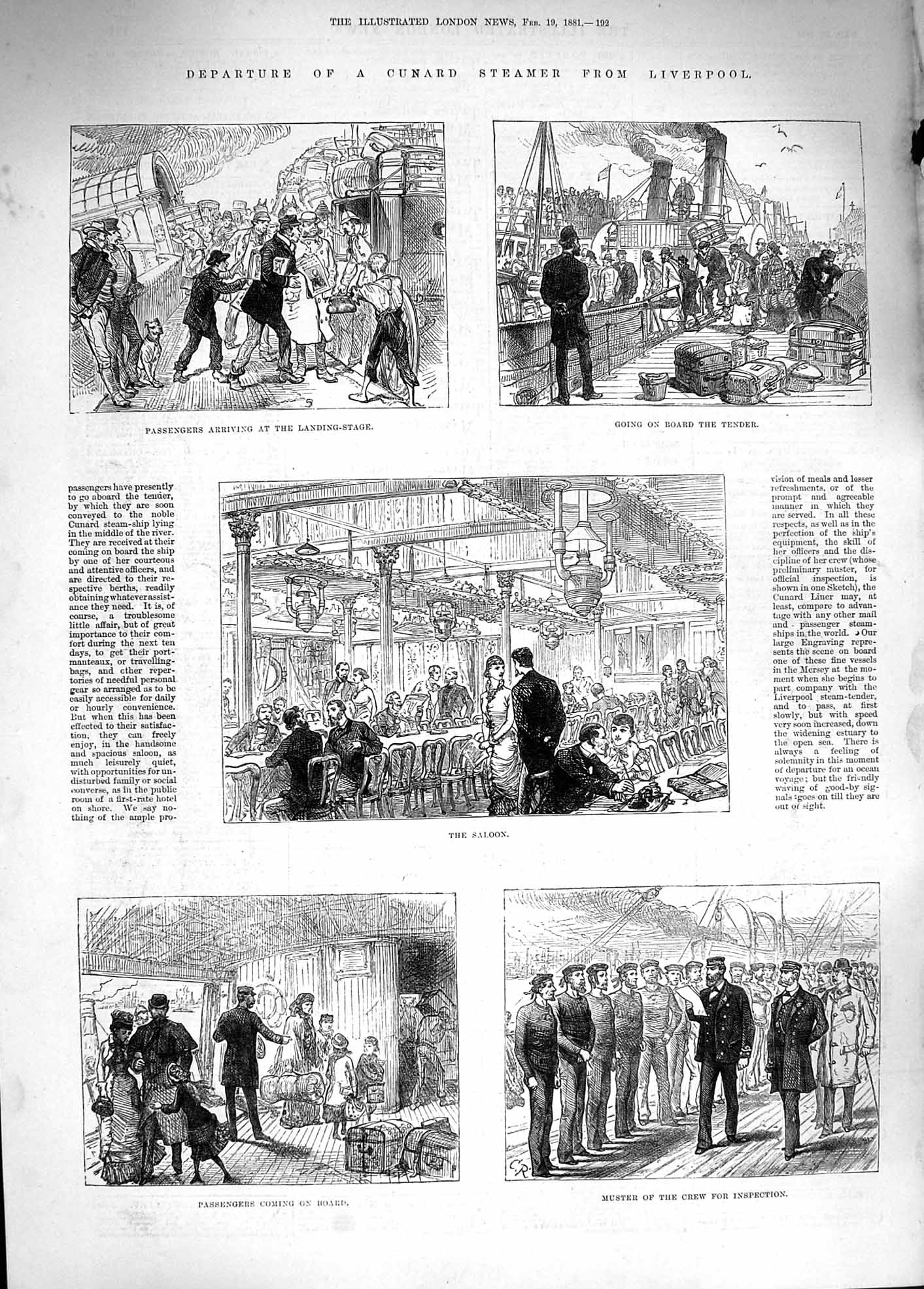 Old Antique Print 1881 Cunard Steamer Ship Liverpool Saloon Crew Muster 19th