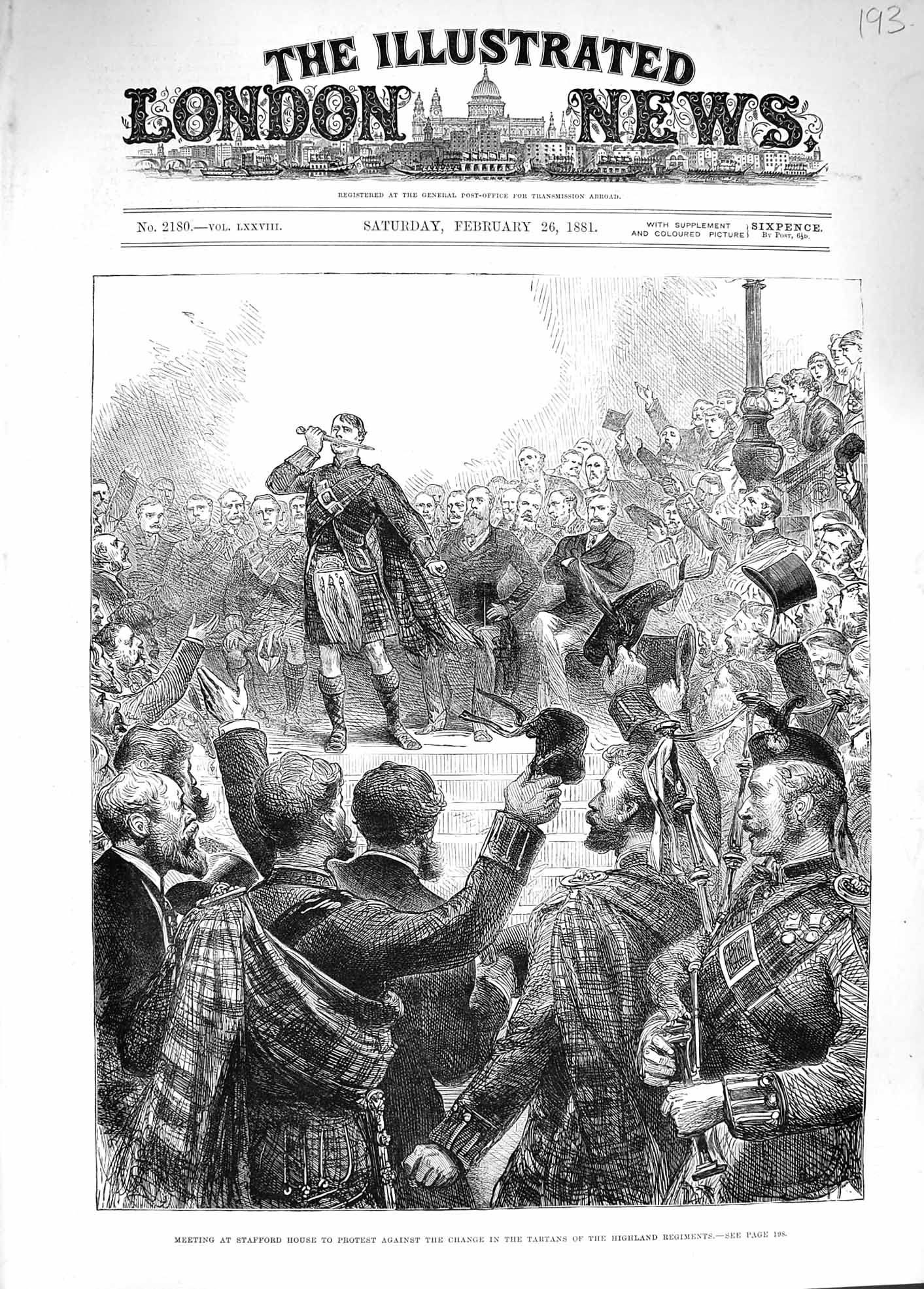 Original Old Antique Print 1881 Stafford House Protest Meeting Highland Tartans