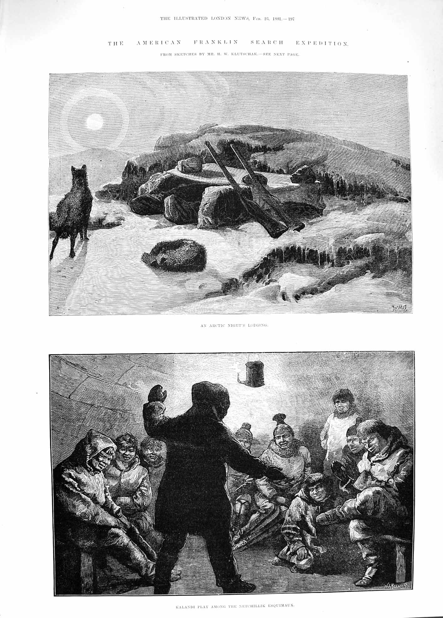 Original Old Antique Print 1881 America Franklin Kalandi Netchillik Esquimaux