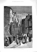 Original Old Antique Print 1881 Street Scene Returning Midnight Mass Church