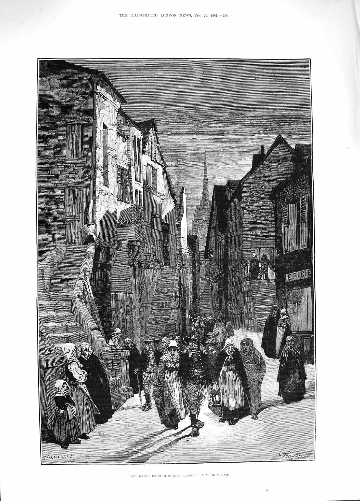 Original Old Antique Print 1881 Street Scene Returning Midnight Mass Church