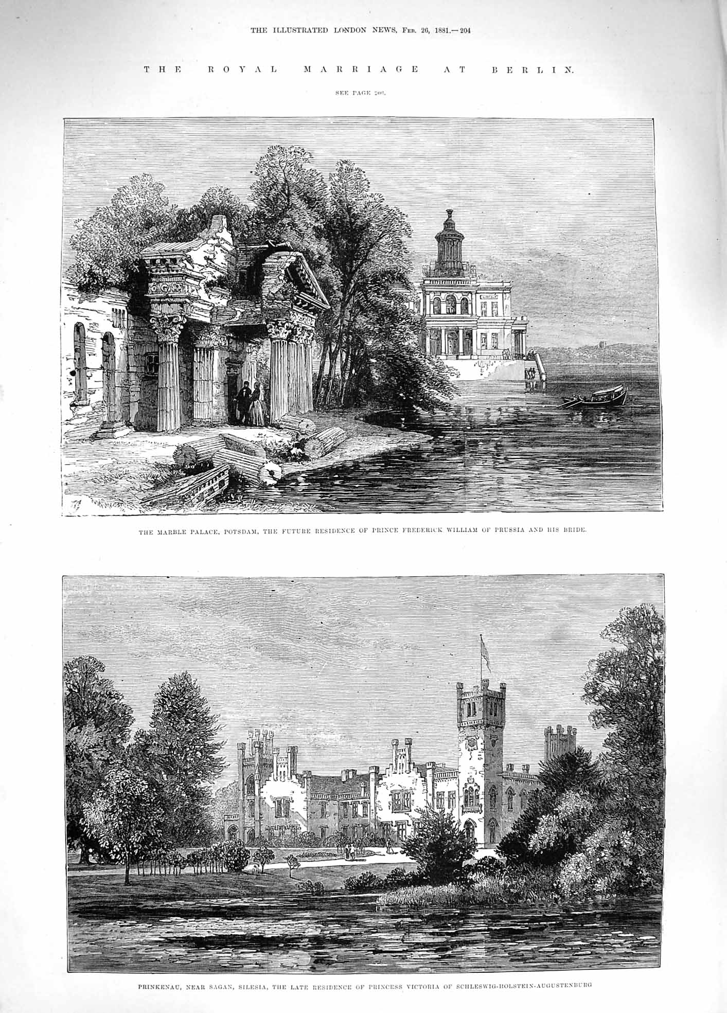 Original Old Antique Print 1881 Marble Palace Potsdam Prince Prussia Prinkenau