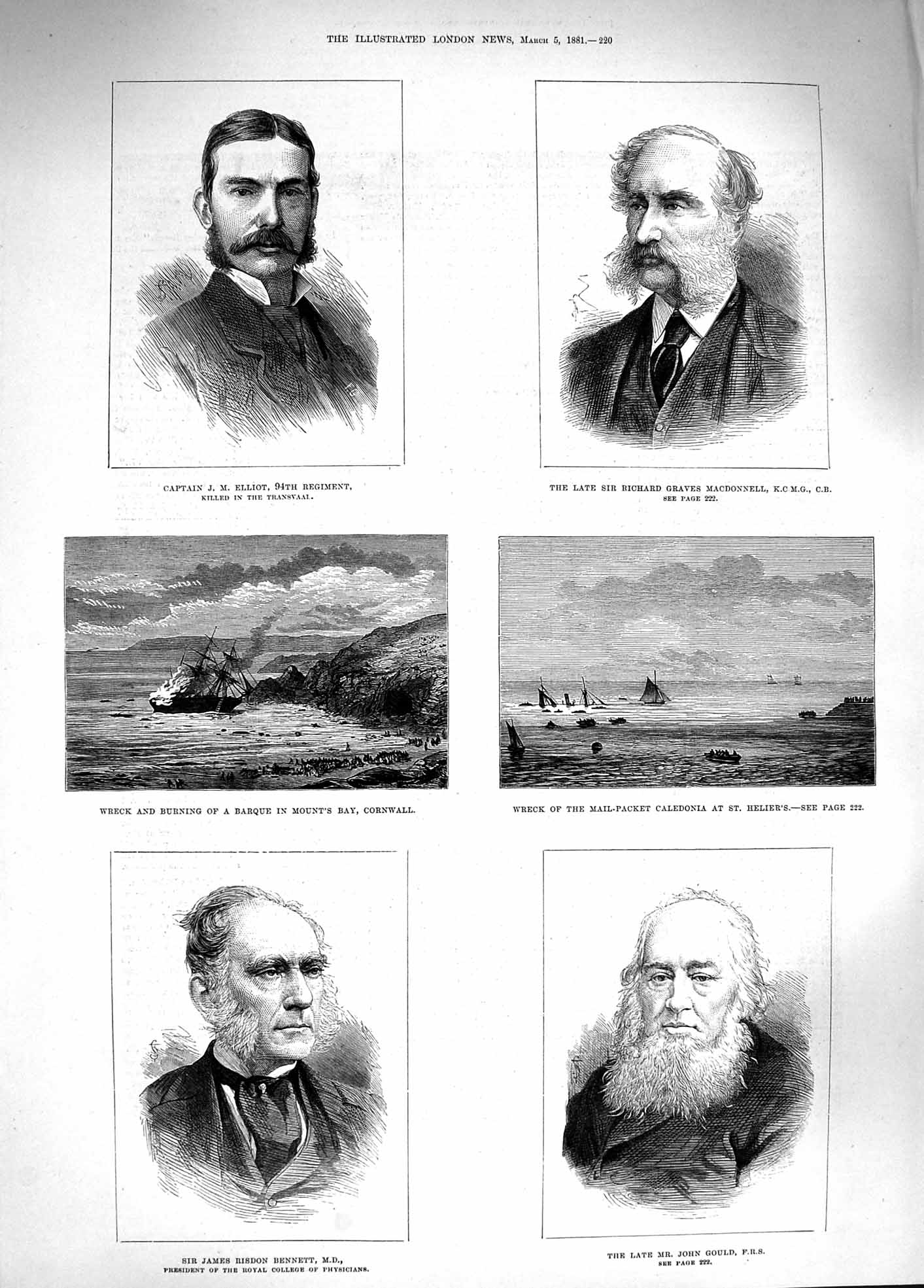 Original Old Antique Print 1881 Fire Ship Cornwall Heliers Gould Elliot Bennett