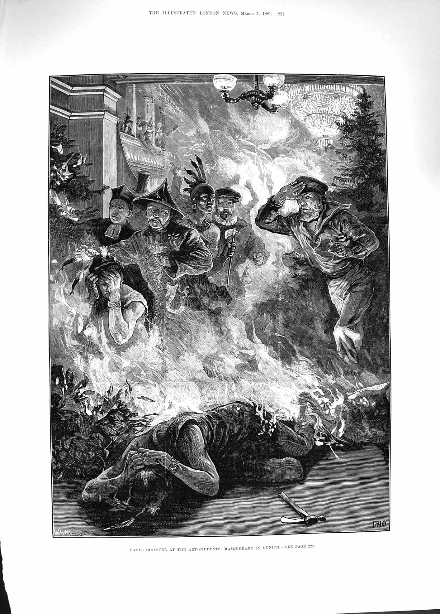 Original Old Antique Print 1881 Fatal Disaster Art-Students Masquerade Munich