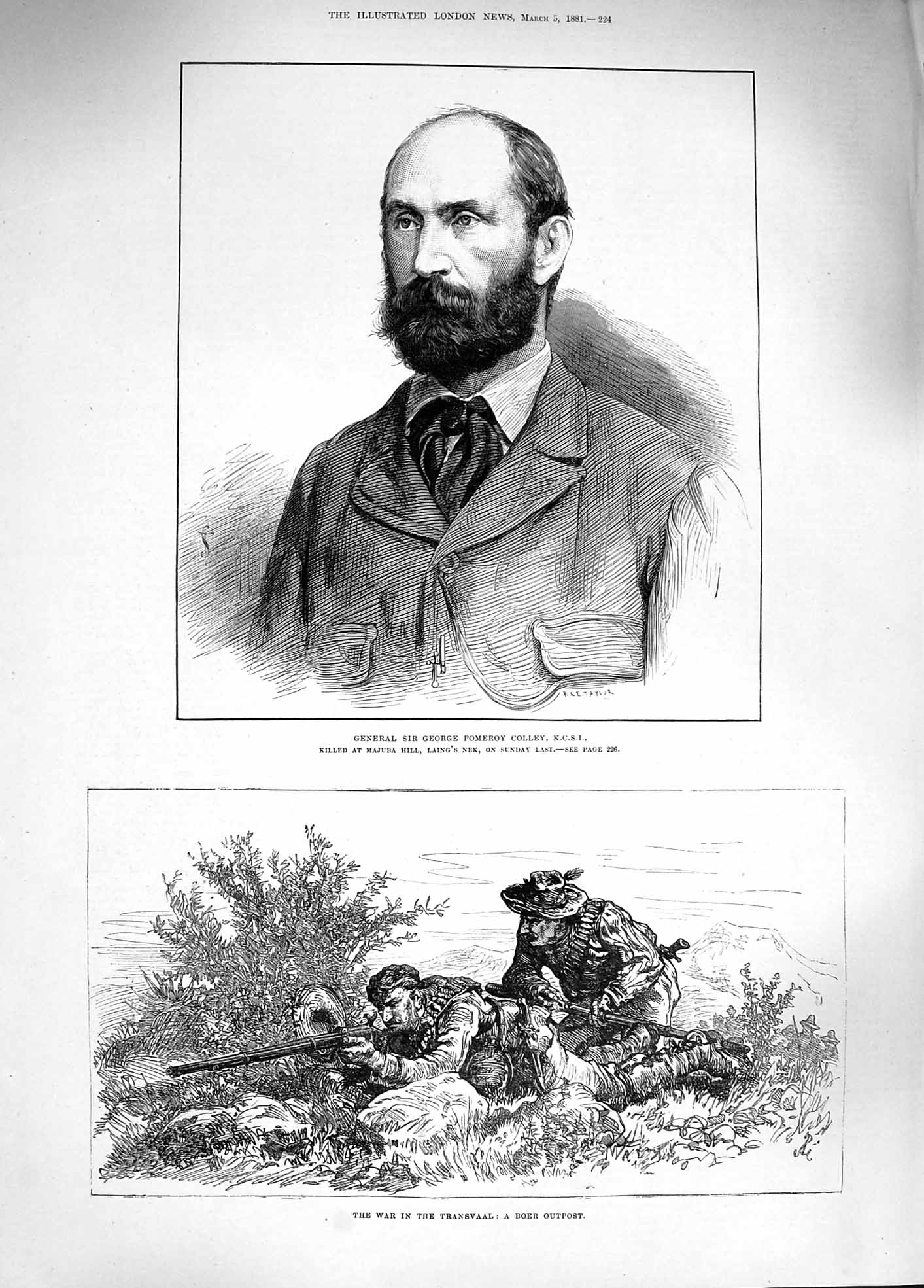 Original Old Antique Print 1881 War Transvaal Boer General Colley Majuba Hill