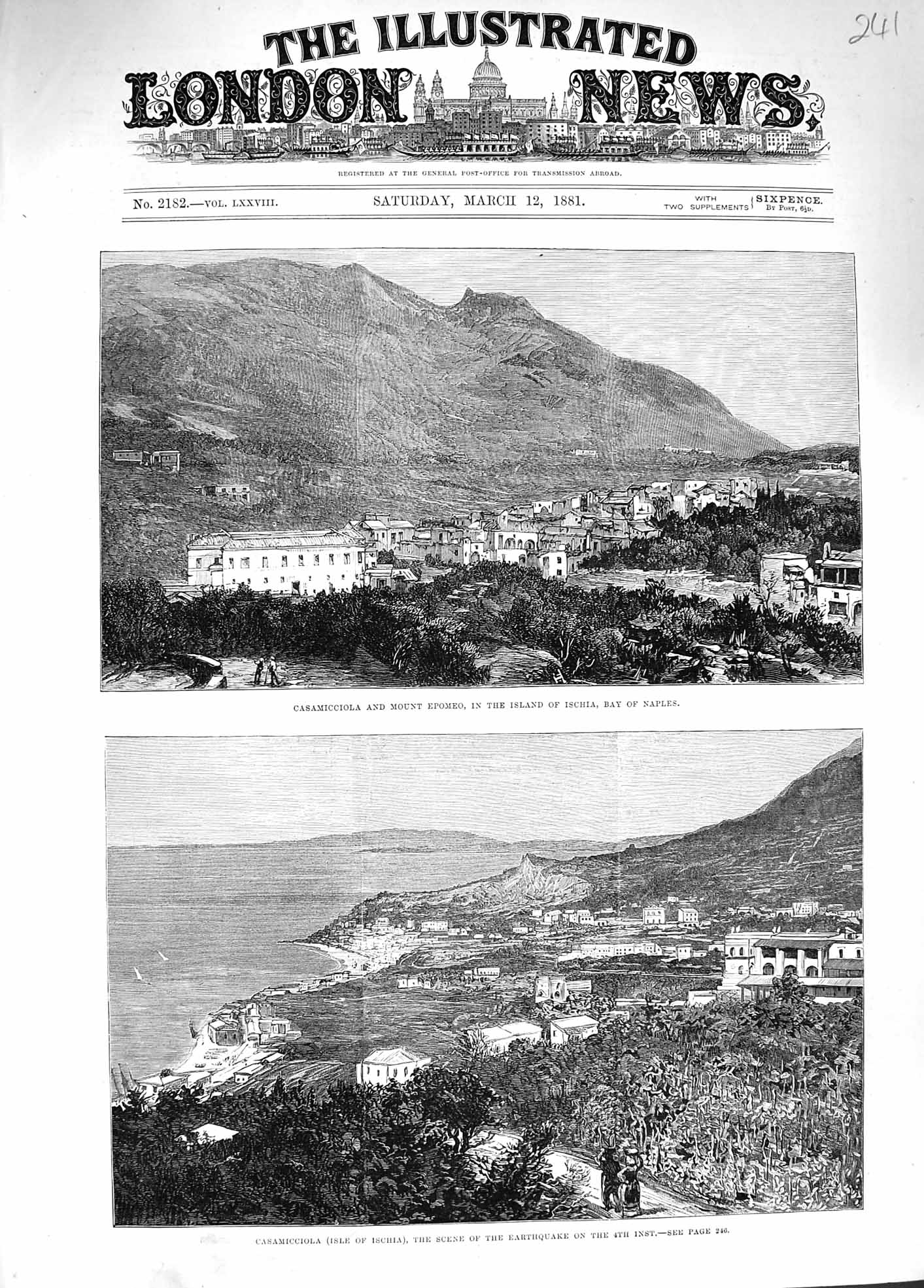 Old Antique Print 1881 Casamicciola Isle Ischia Earthquake Epomeo Naples 19th