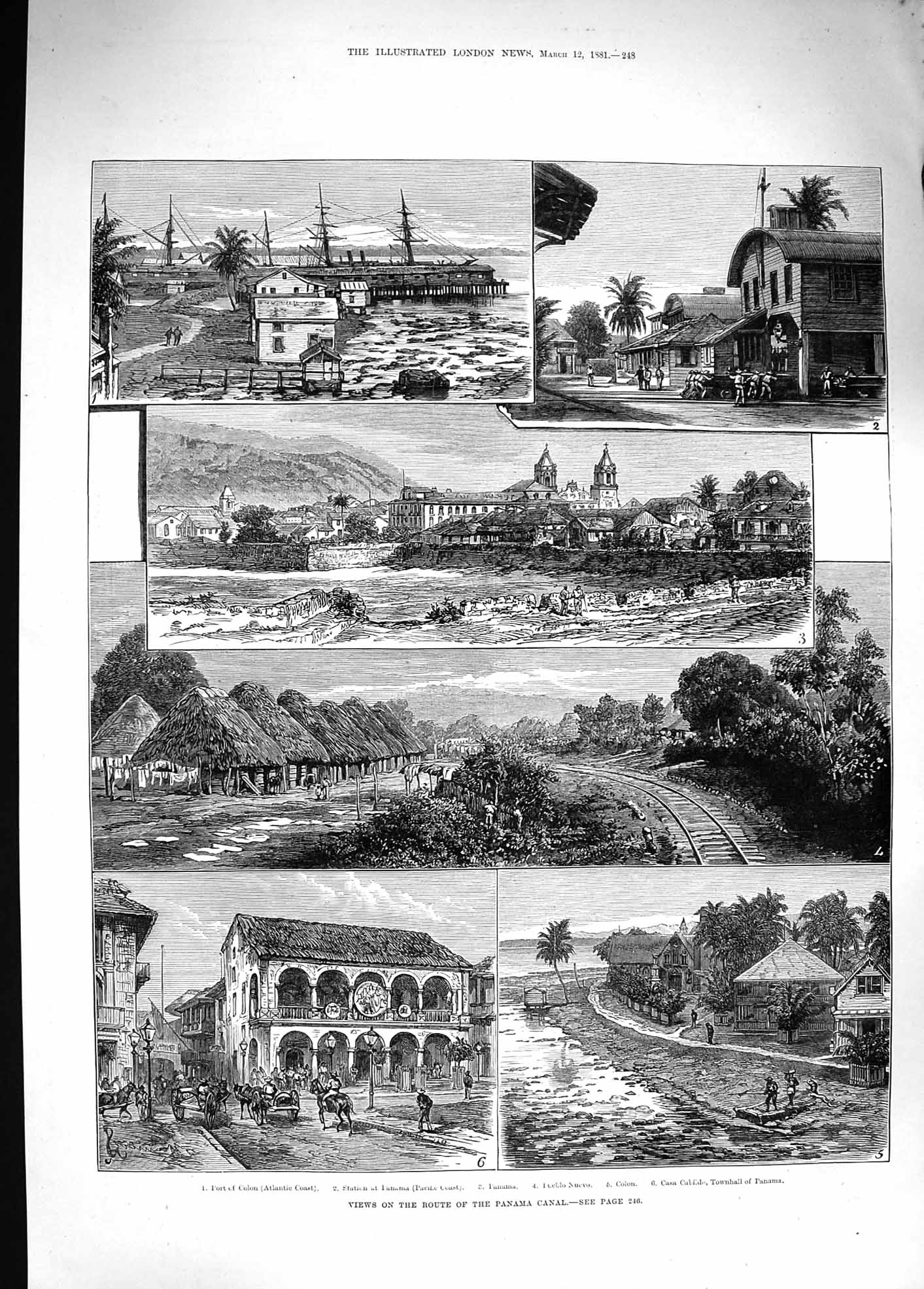 Old Antique Print 1881 Panama Canal Port Colon Pueblo Nuevo Casa Cabildo 19th