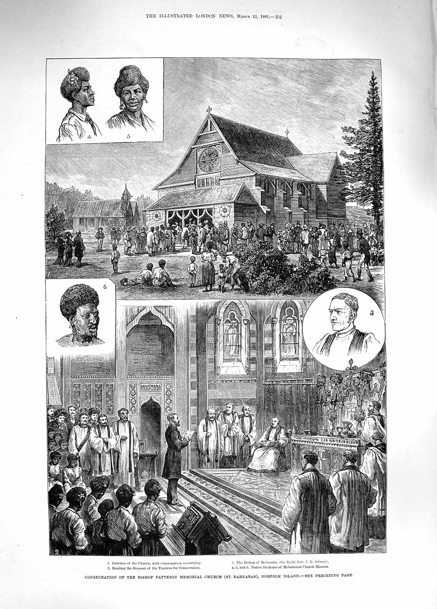 Original Old Antique Print 1881 Consecration Bishop Patteson Memorial Victorian