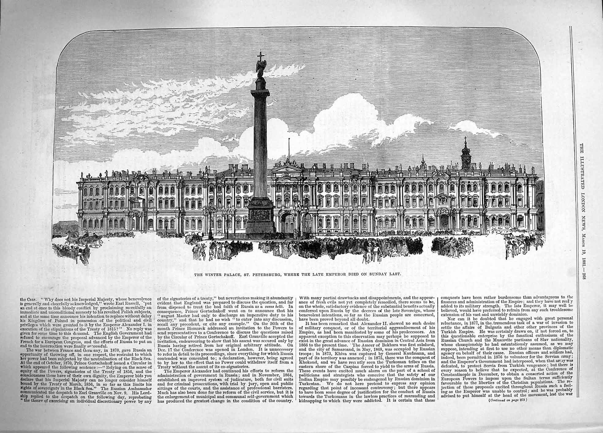 Original Old Antique Print 1881 Winter Palace St. Petersburg Emperor Russia