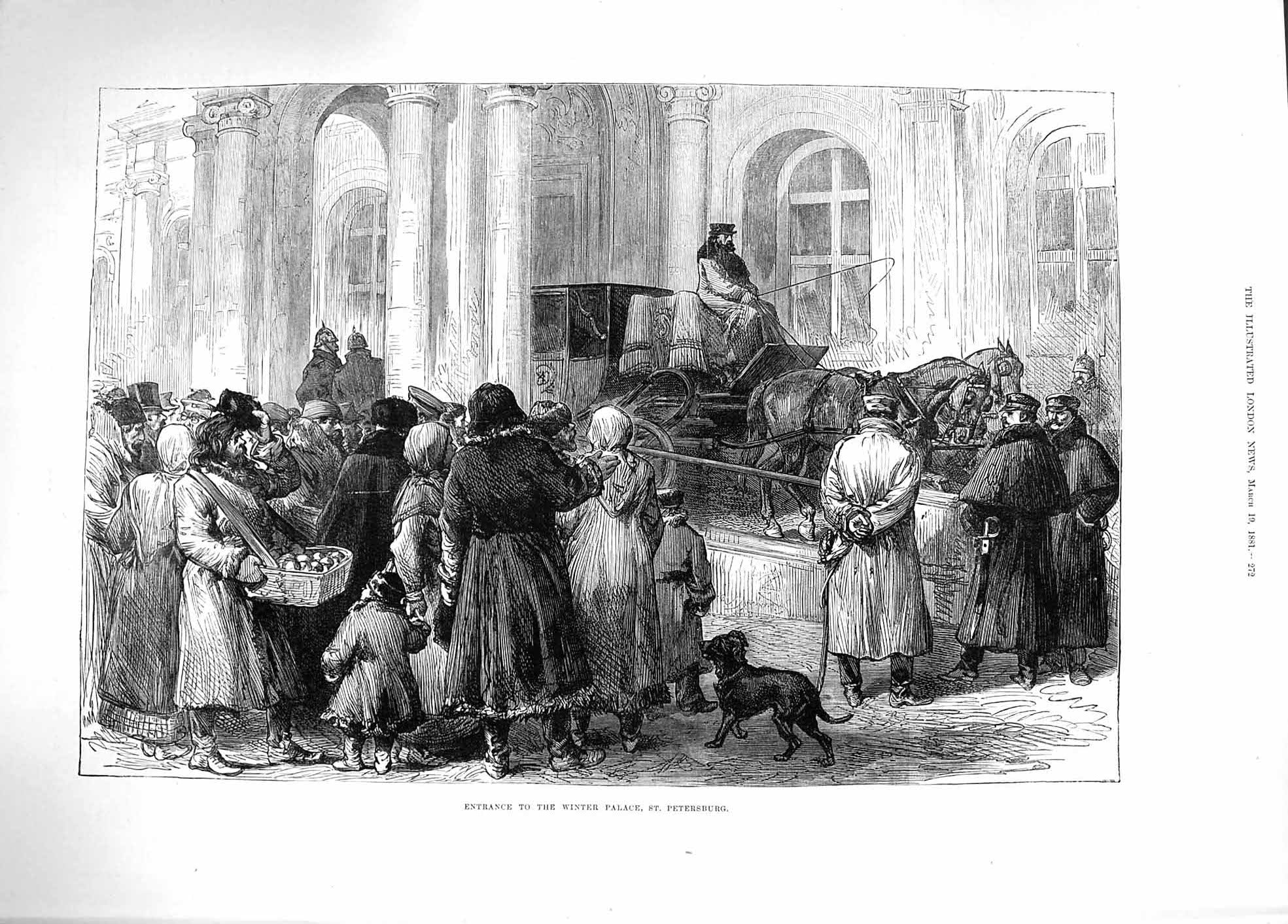 Old Antique Print 1881 View Entrance Winter Palace St. Petersburg Russia 19th