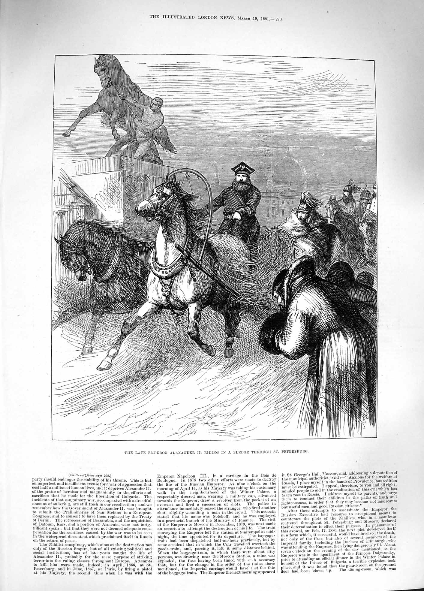 Old Antique Print 1881 Emperor Alexander Ii Sledge St. Petersburg Russia 19th