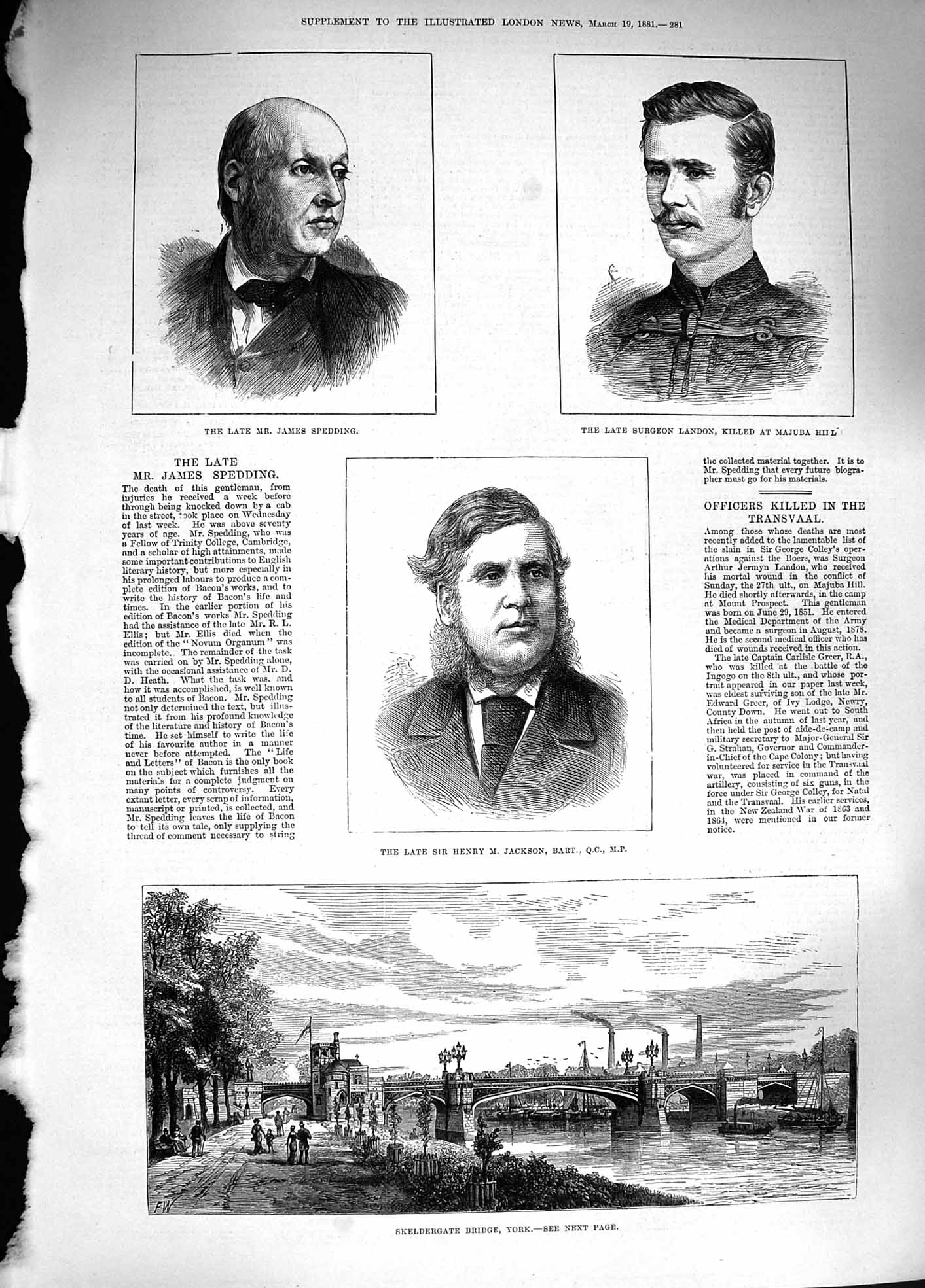 Original Old Antique Print 1881 Skeldergate Bridge York Spedding Landon Jackson