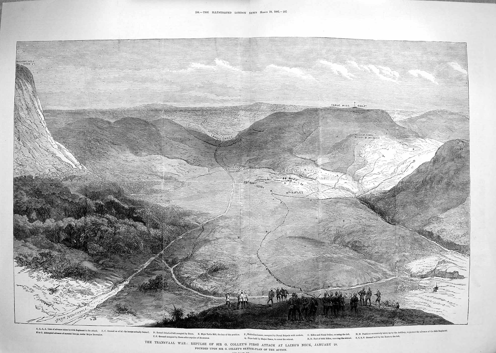 Old Antique Print 1881 Transvaal War Colley Laing'S Neck Boers Mountains 19th