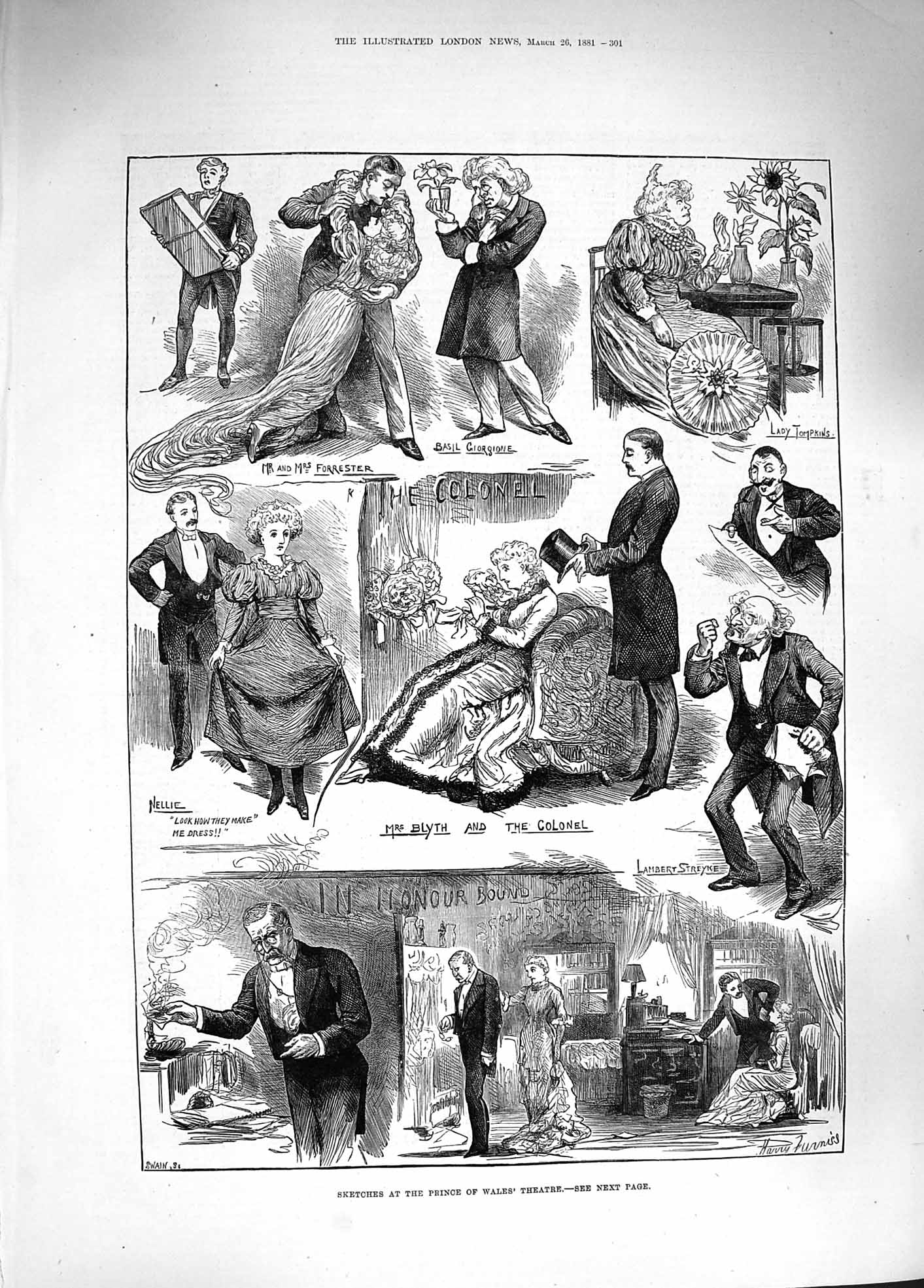 Old Antique Print 1881 Prince Wales Theatre Forrester Nellie Blyth Basil 19th