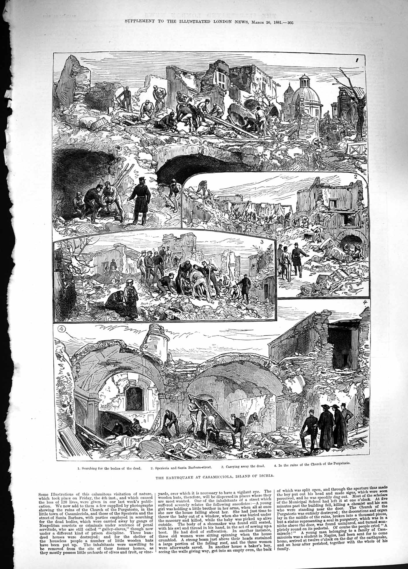 Old Antique Print 1881 Earthquake Casamicciola Island Ischia Church Santa 19th