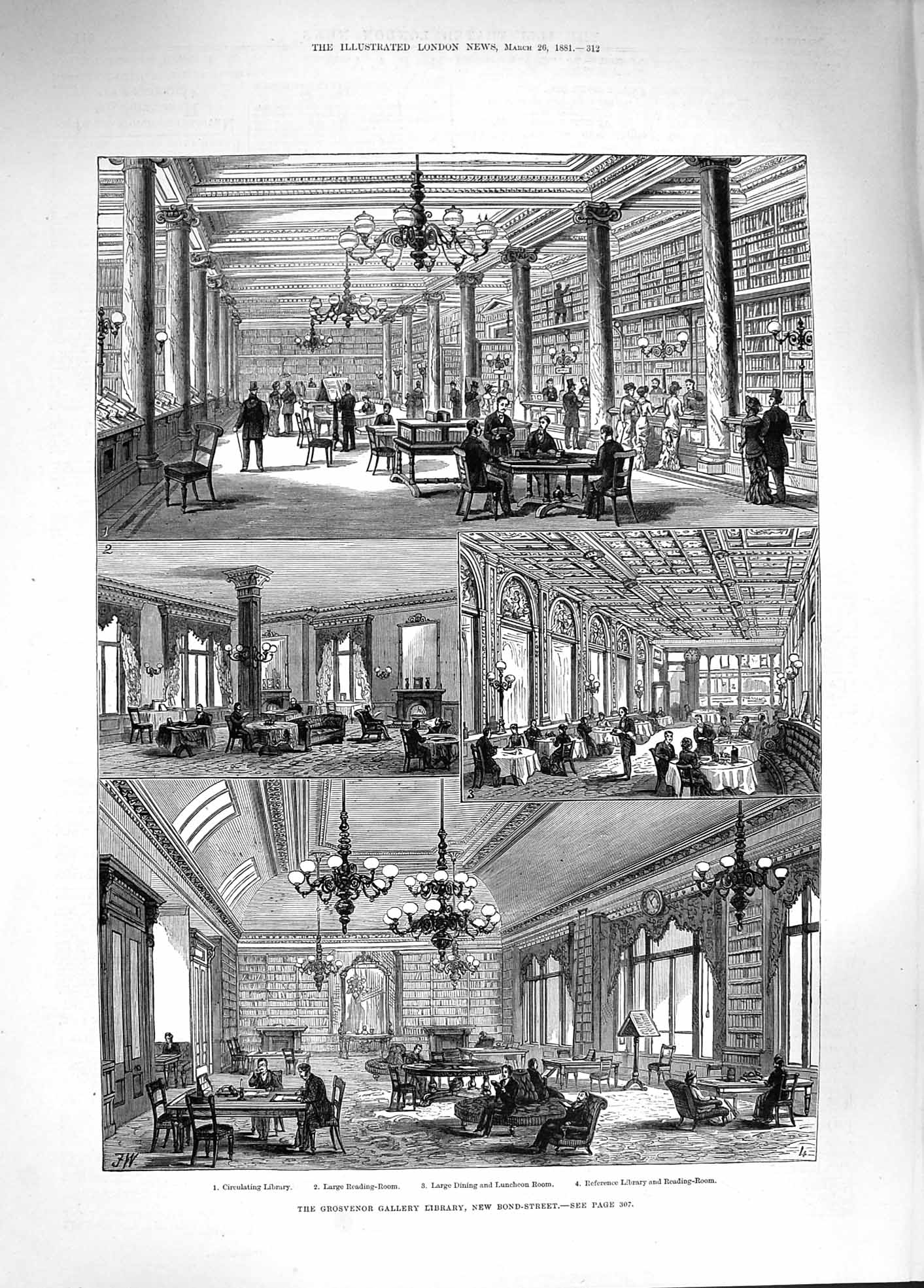 Old Antique Print 1881 Grosvenor Galley Library Bond Street Reading Room 19th