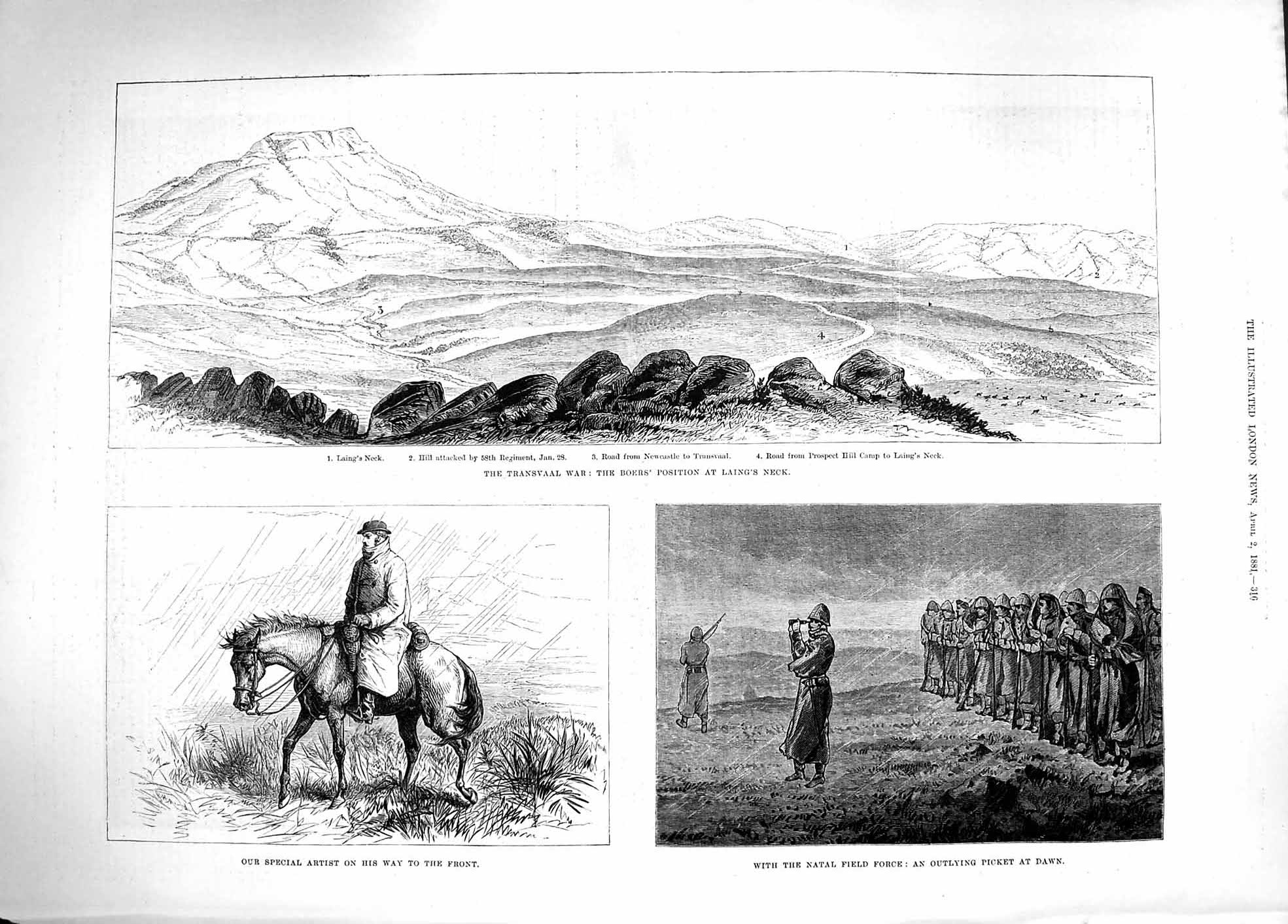 Old Antique Print 1881 Transvaal War Boers Laing'S Neck Natal Field Force 19th