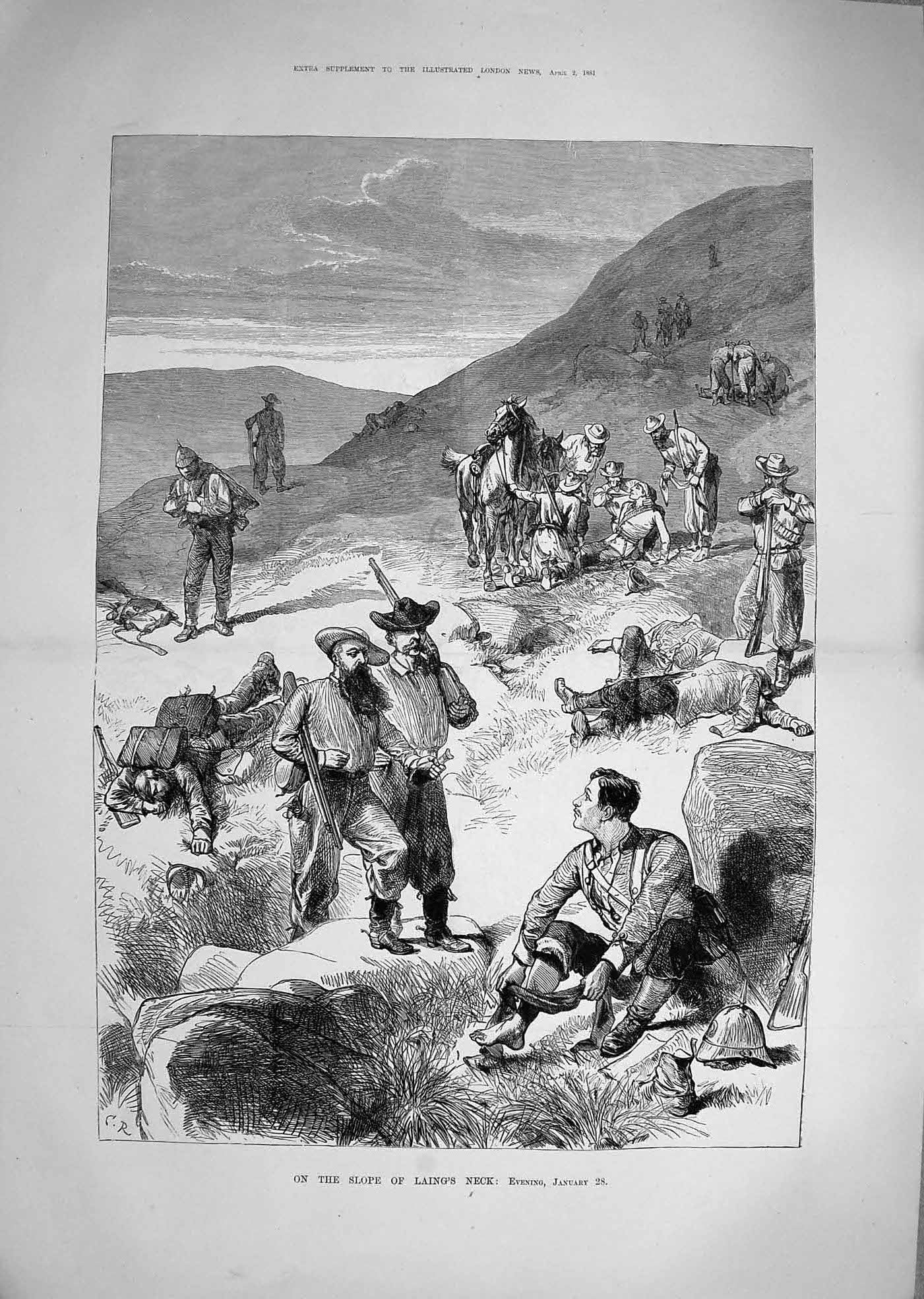 Original Old Antique Print 1881 Transvaal War Siers Laing'S Neck Mountains